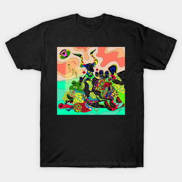 the goat and the coven in mexican colorful alien pattern ecopop T-Shirt by jorge_lebeau